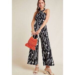 Eva Franco Anthropologie Black and White Wide Leg Halter Neck Summer Jumpsuit